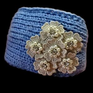 Cozy Blue Knit Headband-Floral Embellishment & Pearl Accents (Brand New)